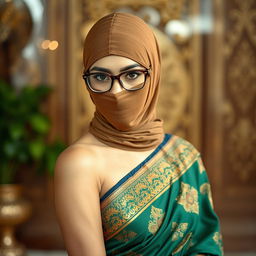 A hot Indian sexy girl styled in a beautifully draped saree that perfectly contours her slim figure