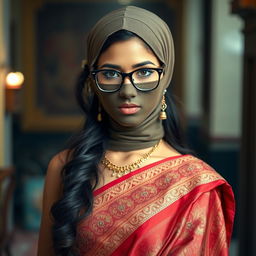 A hot Indian sexy girl styled in a beautifully draped saree that perfectly contours her slim figure