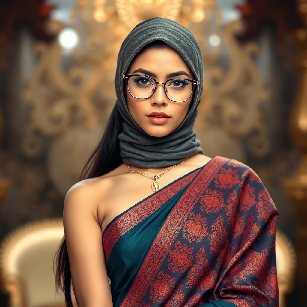 A hot Indian sexy girl styled in a beautifully draped saree that perfectly contours her slim figure