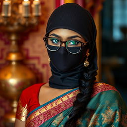 A hot Indian sexy girl styled in a beautifully draped saree that perfectly contours her slim figure