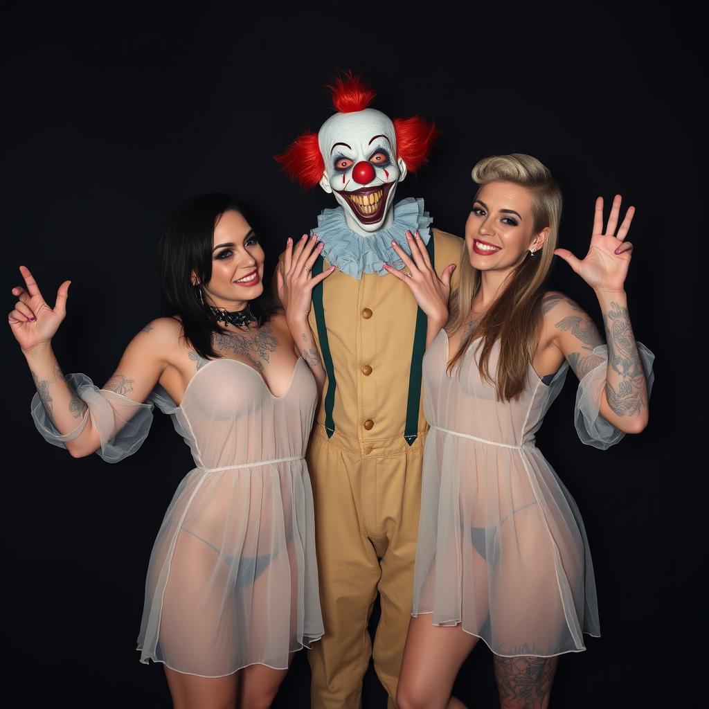 Two women in stylish mini dresses made of transparent gauze, their tattoos visible and artfully displayed on their skin, are playfully trying to reach out and touch a creepy zombie clown standing in the middle of a dark and atmospheric black background