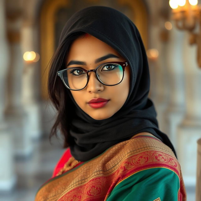 A hot Indian sexy girl with a slim face, showcasing distinct Asian eye features, adorned in a beautifully designed saree that fits snugly, highlighting her alluring curves