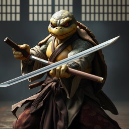 A serious adult tortle battle monk in a dynamic battle stance, showcasing his dual-wielded katanas