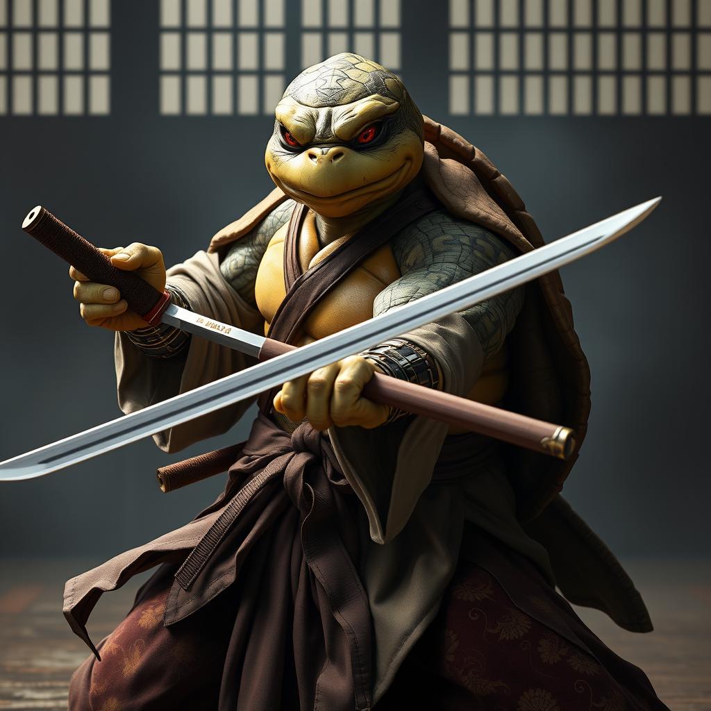 A serious adult tortle battle monk in a dynamic battle stance, showcasing his dual-wielded katanas