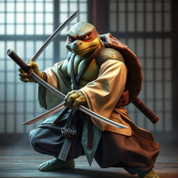 A serious adult tortle battle monk in a dynamic battle stance, showcasing his dual-wielded katanas