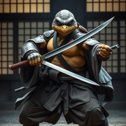 A serious adult tortle battle monk in a dynamic battle stance, showcasing his dual-wielded katanas