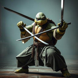 An adult tortle battle monk in a focused battle stance, expertly wielding dual katanas