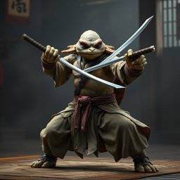 An adult tortle battle monk in a focused battle stance, expertly wielding dual katanas