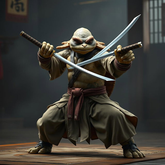 An adult tortle battle monk in a focused battle stance, expertly wielding dual katanas