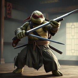 An adult tortle battle monk in a focused battle stance, expertly wielding dual katanas