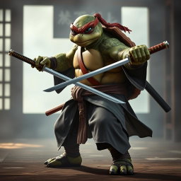 An adult tortle battle monk in a focused battle stance, expertly wielding dual katanas