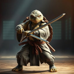 An adult tortle battle monk poised in a fierce battle stance, expertly wielding dual katanas
