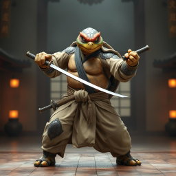 An adult tortle battle monk poised in a fierce battle stance, expertly wielding dual katanas