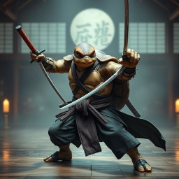 An adult tortle battle monk poised in a fierce battle stance, expertly wielding dual katanas