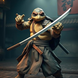 An adult tortle battle monk poised in a fierce battle stance, expertly wielding dual katanas