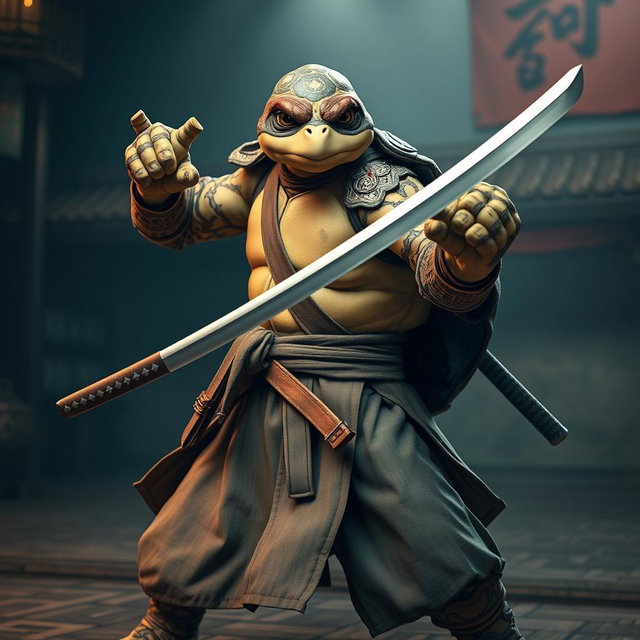An adult tortle battle monk poised in a fierce battle stance, expertly wielding dual katanas