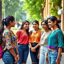 A group of stylish, skinny Indian college girls gathered near a university campus