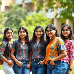 A group of stylish, skinny Indian college girls gathered near a university campus
