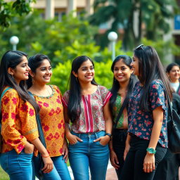 A group of stylish, skinny Indian college girls gathered near a university campus