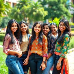 A group of stylish, skinny Indian college girls gathered near a university campus