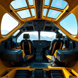 A cockpit interior designed for two pilots, featuring modern controls and instruments, sleek ergonomic seating, and large panoramic windows providing a view of the outside landscape