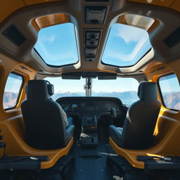 A cockpit interior designed for two pilots, featuring modern controls and instruments, sleek ergonomic seating, and large panoramic windows providing a view of the outside landscape