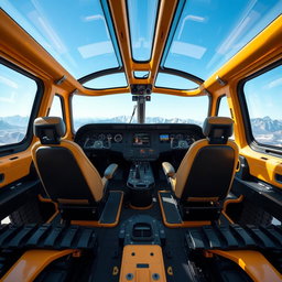 A cockpit interior designed for two pilots, featuring modern controls and instruments, sleek ergonomic seating, and large panoramic windows providing a view of the outside landscape