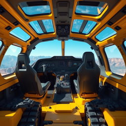 A cockpit interior designed for two pilots, featuring modern controls and instruments, sleek ergonomic seating, and large panoramic windows providing a view of the outside landscape