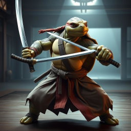 An adult tortle battle monk positioned in an intense battle stance, adeptly wielding dual katanas