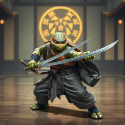 An adult tortle battle monk positioned in an intense battle stance, adeptly wielding dual katanas