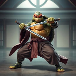An adult tortle battle monk positioned in an intense battle stance, adeptly wielding dual katanas