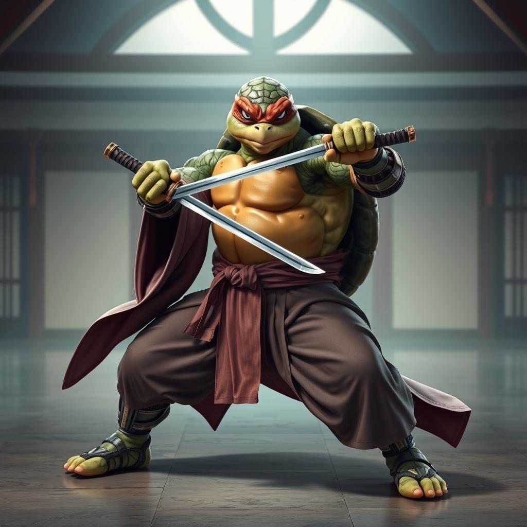 An adult tortle battle monk positioned in an intense battle stance, adeptly wielding dual katanas