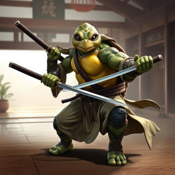 An adult tortle battle monk positioned in an intense battle stance, adeptly wielding dual katanas