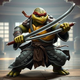 An adult tortle battle monk positioned in a powerful battle stance, skillfully wielding dual katanas with precision