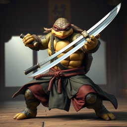 An adult tortle battle monk positioned in a powerful battle stance, skillfully wielding dual katanas with precision