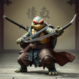 An adult tortle battle monk positioned in a powerful battle stance, skillfully wielding dual katanas with precision