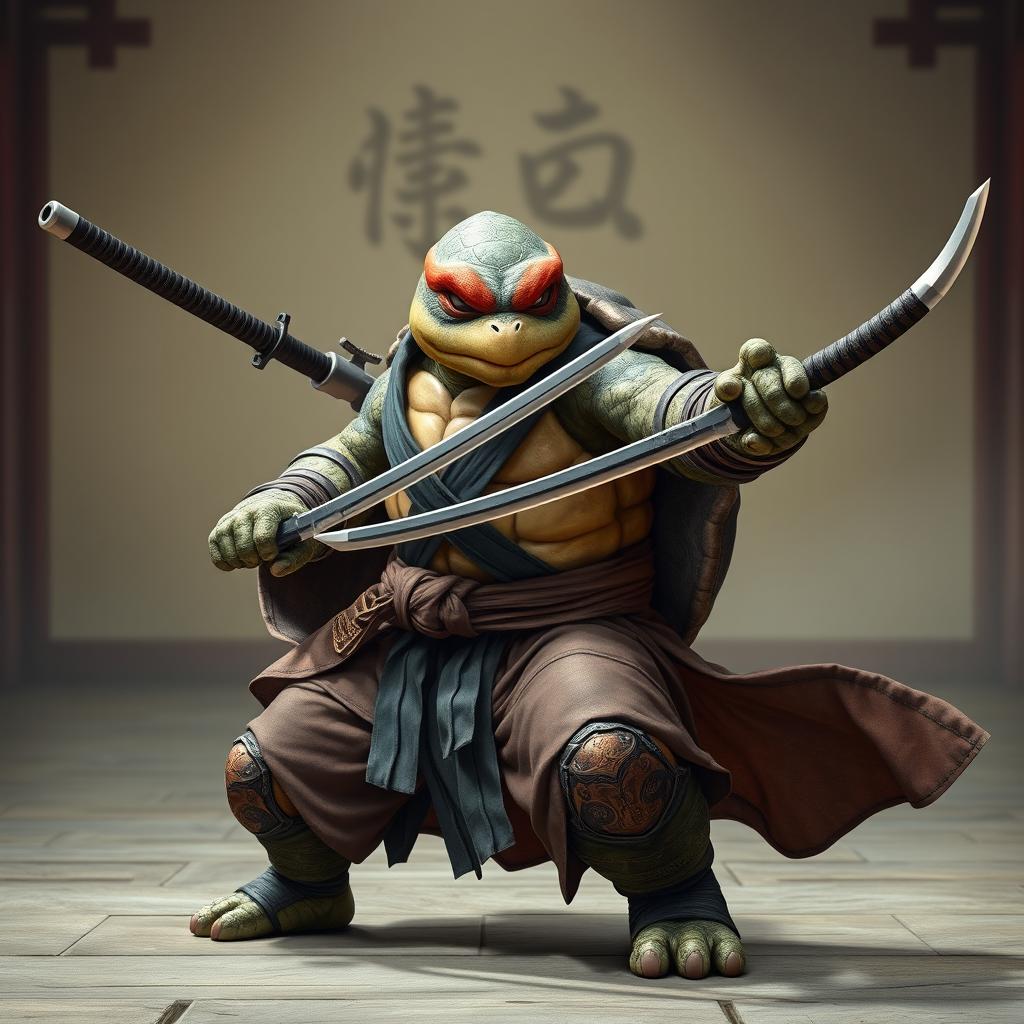An adult tortle battle monk positioned in a powerful battle stance, skillfully wielding dual katanas with precision