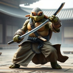 An adult tortle battle monk positioned in a powerful battle stance, skillfully wielding dual katanas with precision
