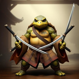 An adult tortle battle monk standing firmly in a serious battle stance, showcasing his expertise with dual katanas gripped tightly in each hand