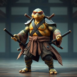 An adult tortle battle monk standing firmly in a serious battle stance, showcasing his expertise with dual katanas gripped tightly in each hand