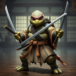 An adult tortle battle monk standing firmly in a serious battle stance, showcasing his expertise with dual katanas gripped tightly in each hand