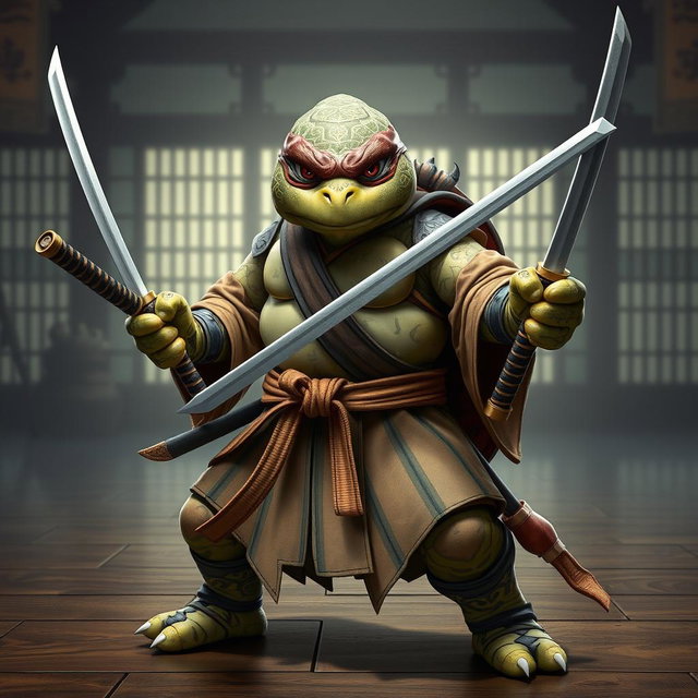 An adult tortle battle monk standing firmly in a serious battle stance, showcasing his expertise with dual katanas gripped tightly in each hand