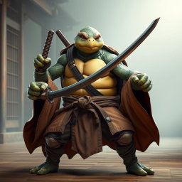 An adult tortle battle monk standing firmly in a serious battle stance, showcasing his expertise with dual katanas gripped tightly in each hand