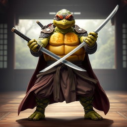 An adult tortle battle monk standing resolutely in a formal battle stance, showcasing his expertise while dual wielding katanas