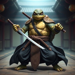 An adult tortle battle monk standing resolutely in a formal battle stance, showcasing his expertise while dual wielding katanas