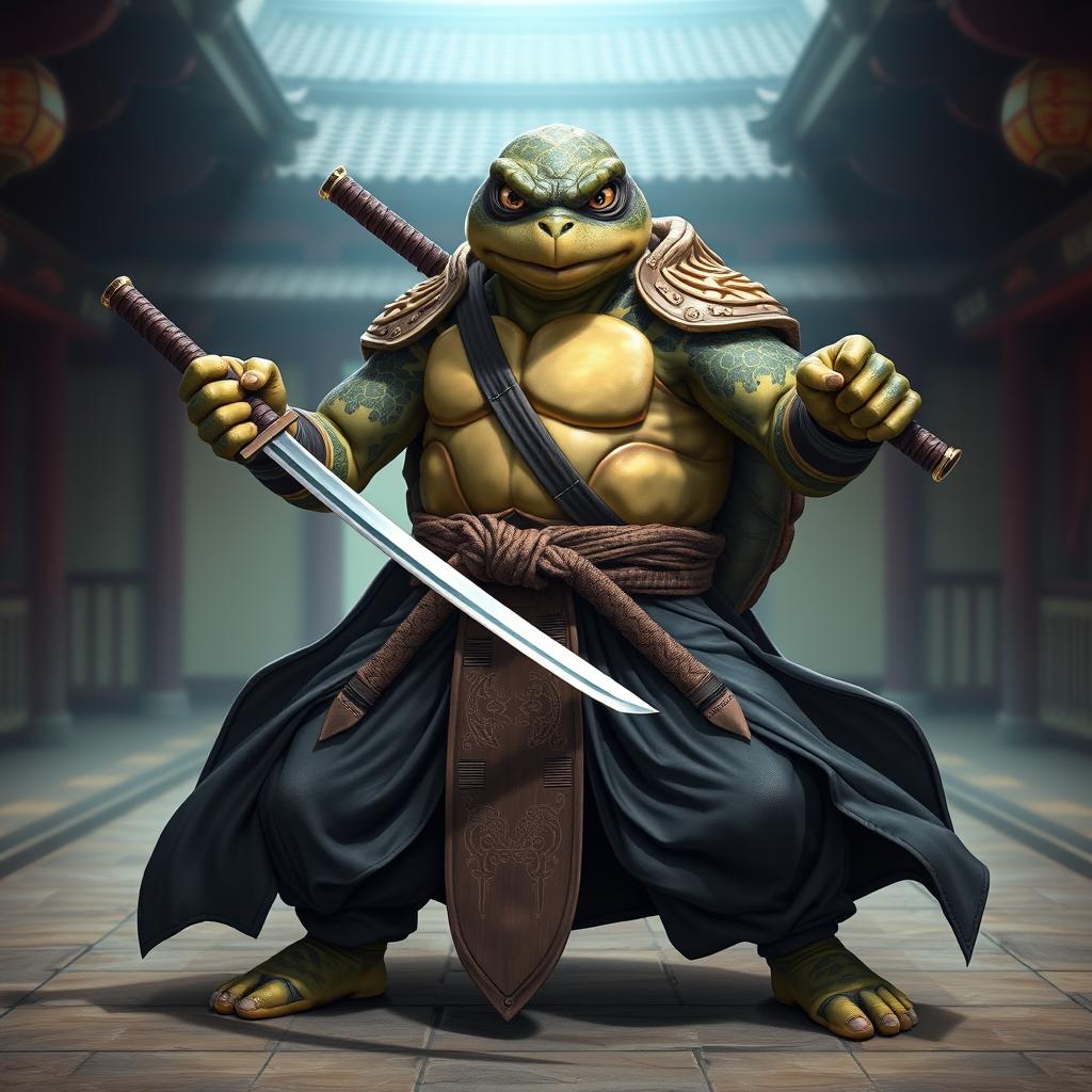 An adult tortle battle monk standing resolutely in a formal battle stance, showcasing his expertise while dual wielding katanas