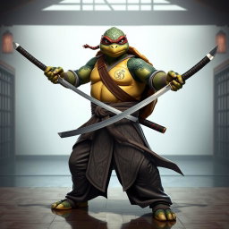 An adult tortle battle monk standing resolutely in a formal battle stance, showcasing his expertise while dual wielding katanas