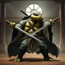 An adult tortle battle monk standing resolutely in a formal battle stance, showcasing his expertise while dual wielding katanas
