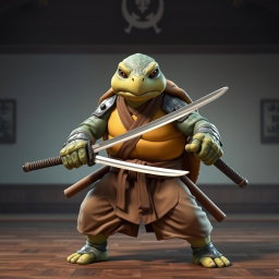 An adult tortle battle monk in a serious battle stance, showcasing his prowess as he grips dual katanas with skill