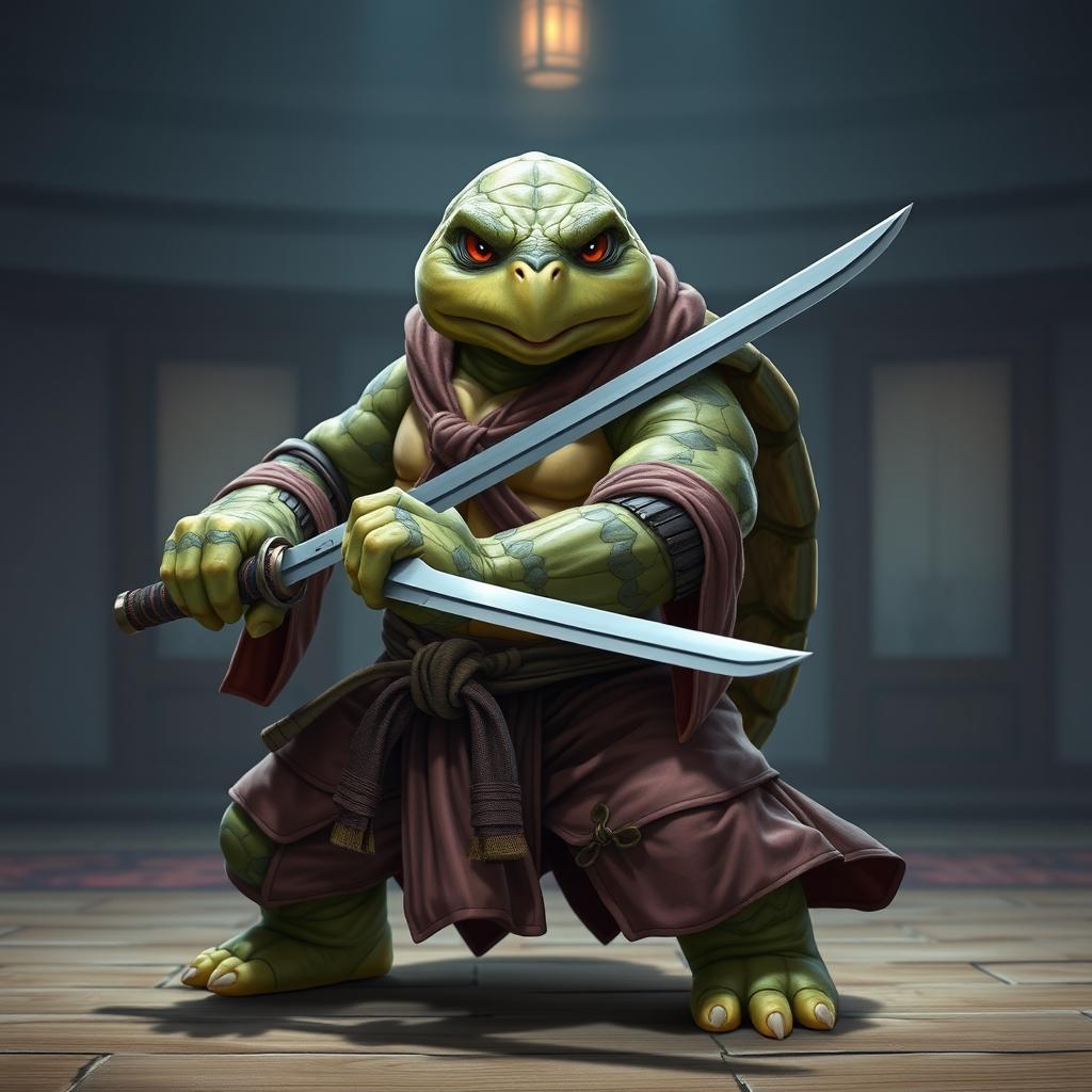 An adult tortle battle monk in a serious battle stance, showcasing his prowess as he grips dual katanas with skill